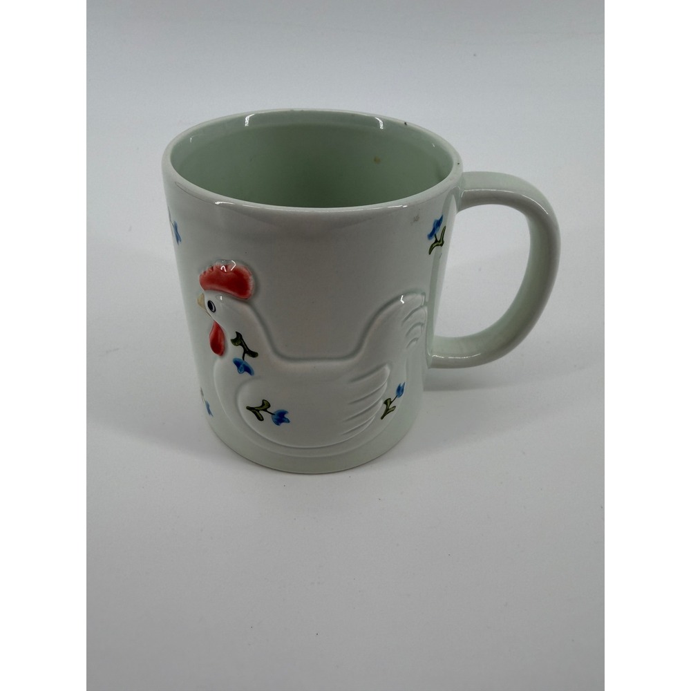 Vintage Otagiri Japan Ceramic Coffee Mug Embossed Chicken Rooster Floral Green